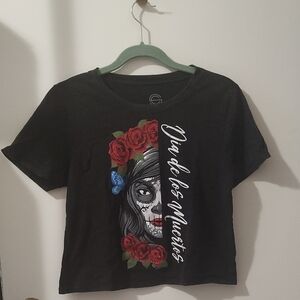 Black Graphic Tee with Red Rose Design